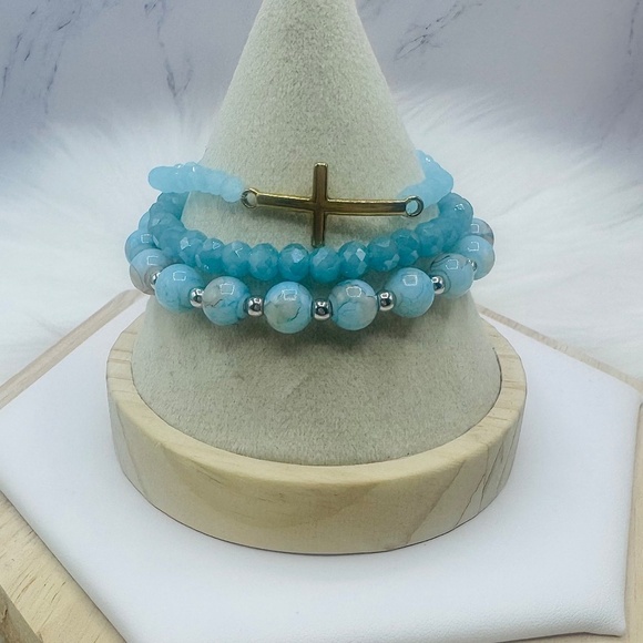 Stainless Steel Cross beaded Arm Candy  Bracelet -  Blue Marine - Picture 2 of 6